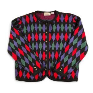 Vintage 80s Worthington Cardigan Womens L Colorful Argyle Knit Retro Sweater